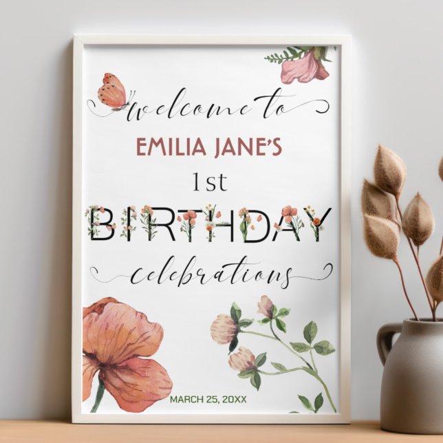 Pink Watercolour Poppies Birthday Party Welcome Poster (Creator Uploaded)