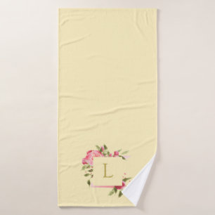 Pink watercolour roses, monogrammed pet bath towel
