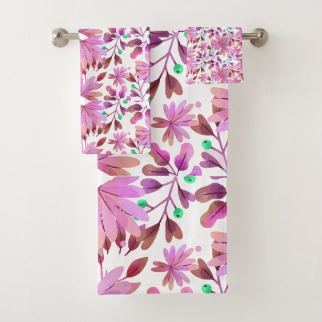 Pink watercolour winter flowers background  bath towel set (Insitu)