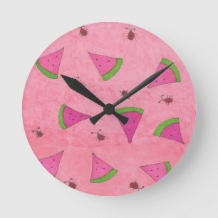 Pink Watermelon and Lady Bugs Round Clock