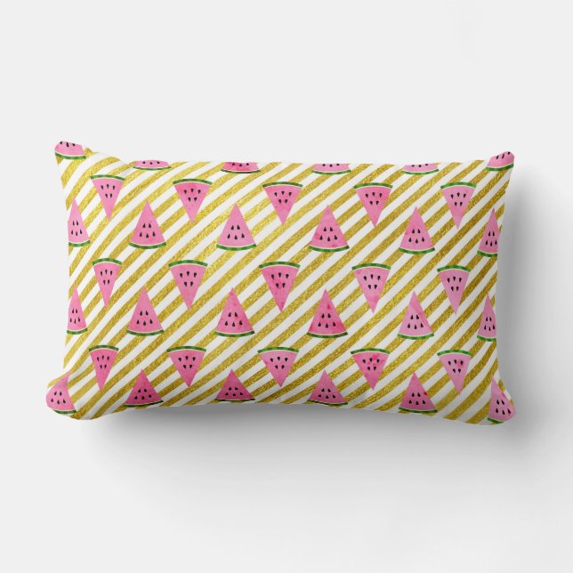 Pink Watermelon and Yellow Stripe Summer Pattern Lumbar Pillow (Front)