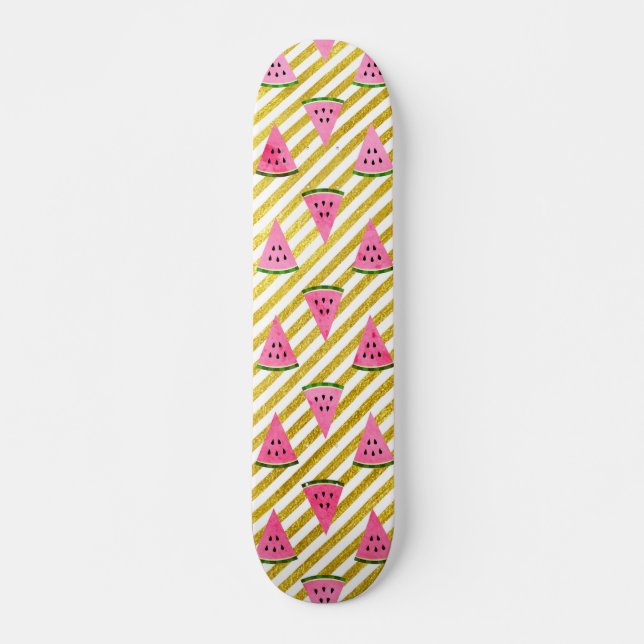 Pink Watermelon and Yellow Stripe Summer Pattern Skateboard (Front)