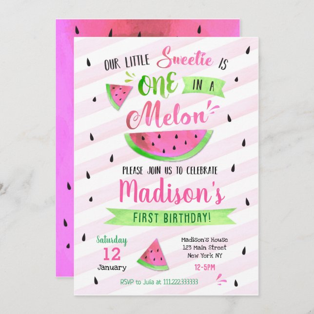 Pink Watermelon Birthday Party Invitation (Front/Back)