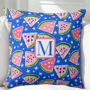Pink Watermelon Fruit Slice Stars Pattern Monogram Throw Pillow