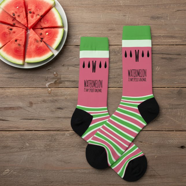 Pink Watermelon Is My Spirit Animal Striped Socks (If watermelon is your spirit animal and you love stripy socks, add your initial to these!)
