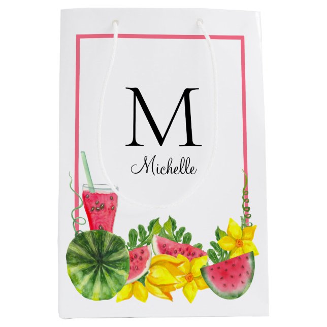 Pink Watermelon Monogram Name  Medium Gift Bag (Front)