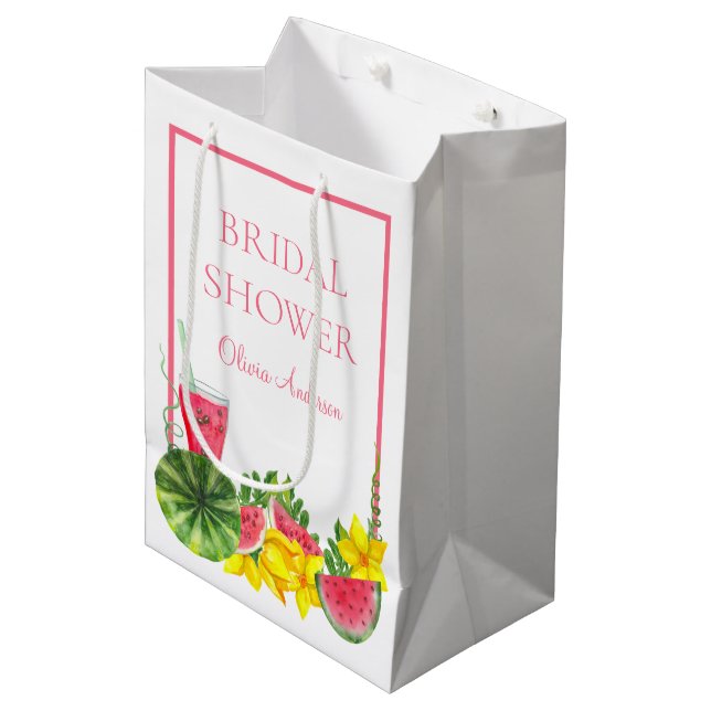 Pink Watermelon Name Bridal Shower Medium Gift Bag (Front Angled)