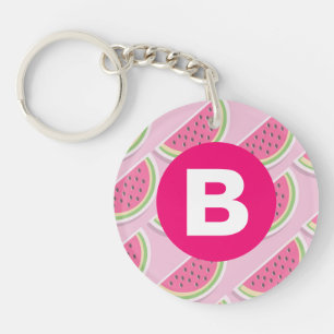 Pink Watermelon Pattern Circle Monogram Keychain
