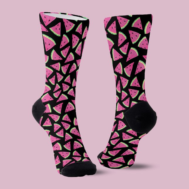 Pink Watermelon Pattern Socks (Fun watermelon pattern fruity summer socks on black background. Other colors & products available.)
