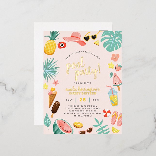 Pink | Watermelon Pineapple Tropical Pool Party Foil Invitation Postcard (Front/Back)