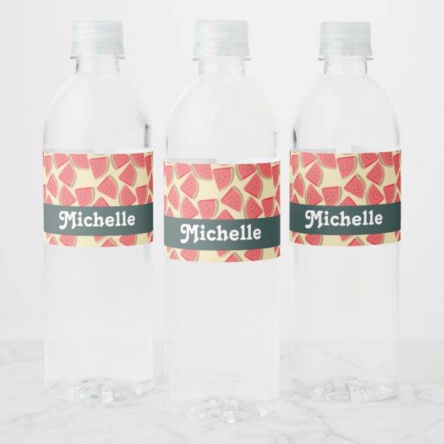 Pink watermelon slices on yellow water bottle label (Bottles)