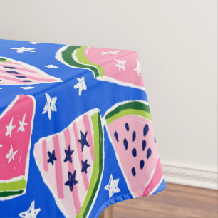 Pink Watermelon Stars Patriotic Summer Blue Party Tablecloth