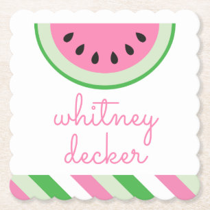 Pink Watermelon Stripe Personalized Paper Coasters