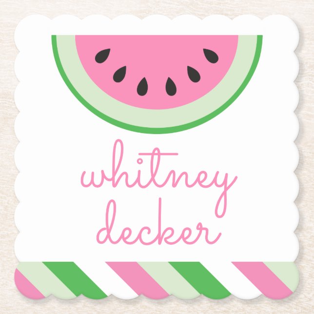Pink Watermelon Stripe Personalized Paper Coasters (Front)