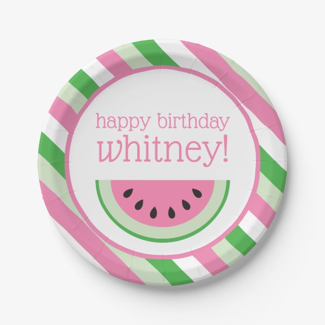 Pink Watermelon Stripes Personalized Party Plates (Front)