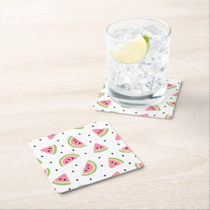 Pink Watermelons, Watermelon Seeds, Summer Pattern Square Paper Coaster