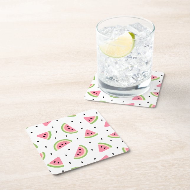 Pink Watermelons, Watermelon Seeds, Summer Pattern Square Paper Coaster (Insitu)