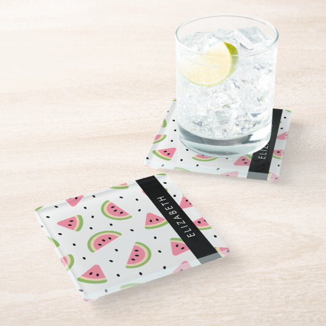 Pink Watermelons, Watermelon Seeds, Your Name Glass Coaster (Angled)