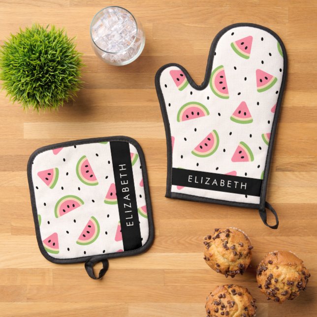 Pink Watermelons, Watermelon Seeds, Your Name Oven Mitt & Pot Holder Set (Top Down)