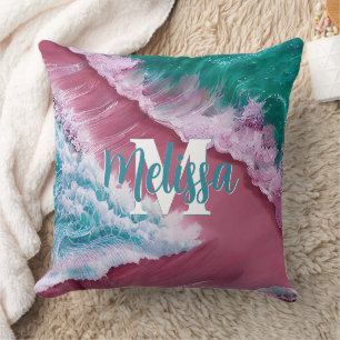 Pink wave beach Monogram Throw Pillow