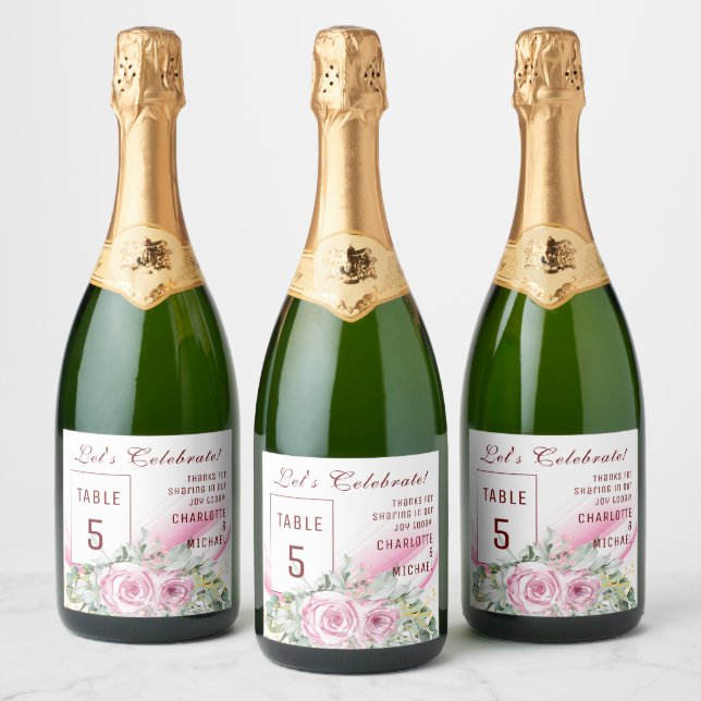 Pink Wave & Floral Table Number Sparkling Wine Lab Label (Bottles)