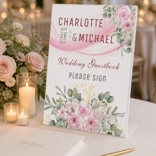 Pink Wave & Floral Wedding Guestbook Table Sign