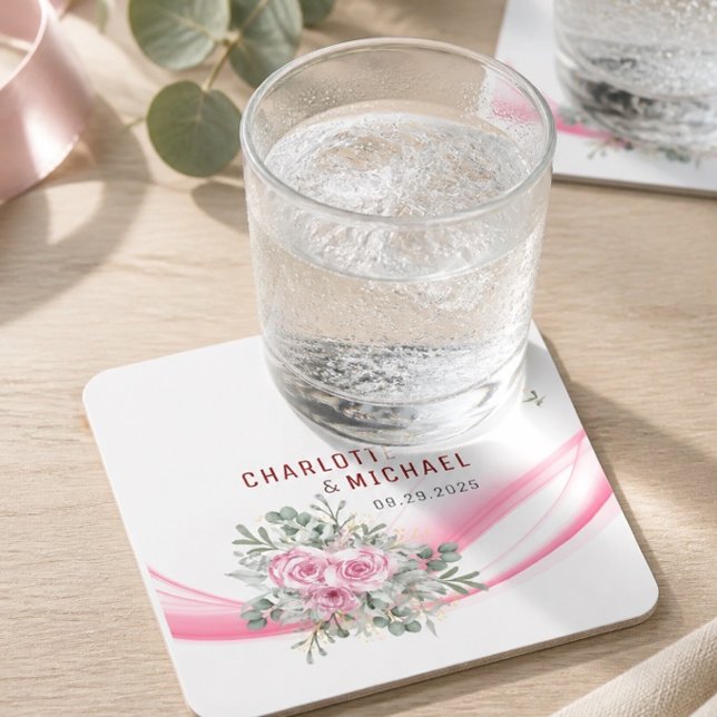 Pink Wave & Floral Wedding Paper Coaster (Creator Uploaded)
