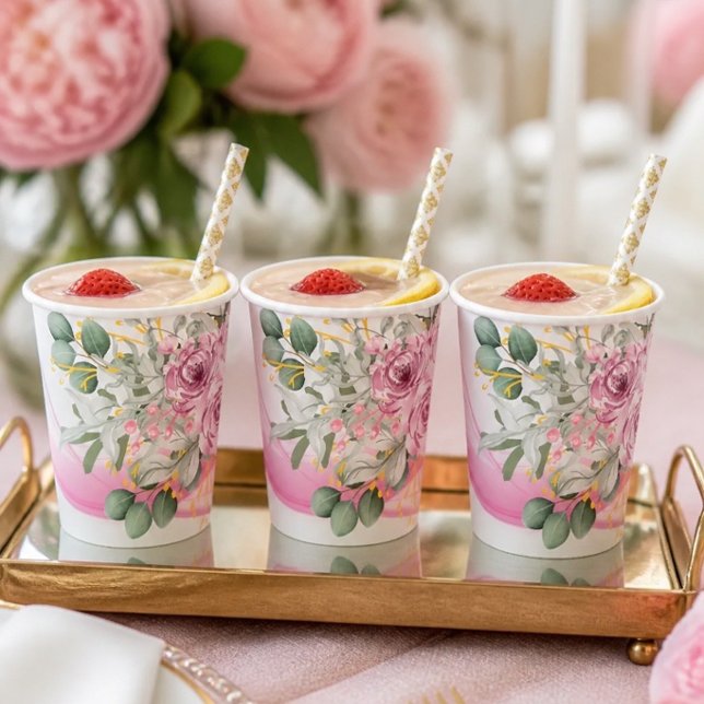 Pink Wave & Floral Wedding Paper Cups (Creator Uploaded)
