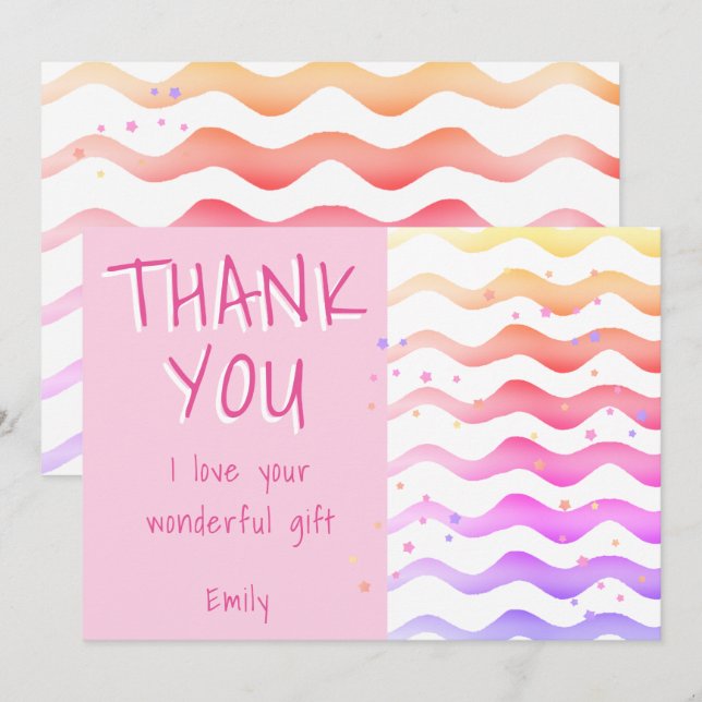 Pink Wave Girl Birthday  Thank You Card (Front/Back)