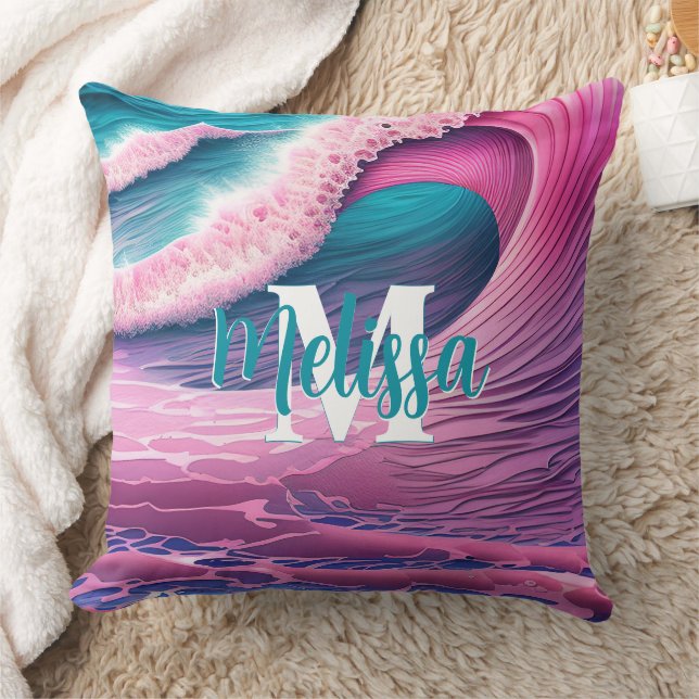 Pink Waves on the Beach Monogram Throw Pillow (Blanket)