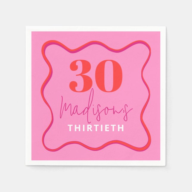 Pink Wavy 30th Birthday Party  Napkin (Front)