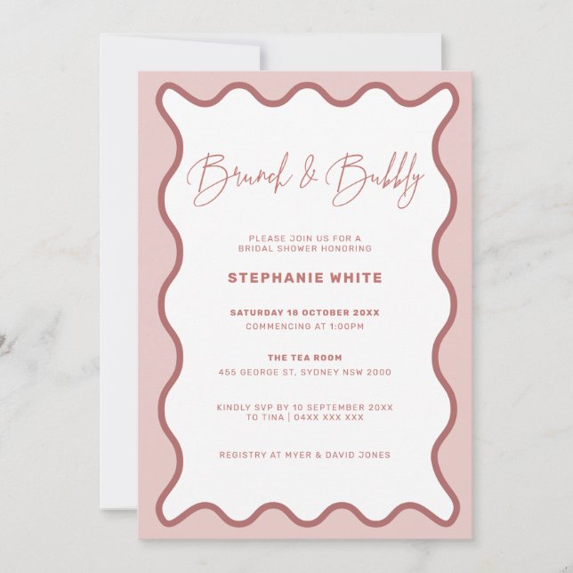Pink Wavy Border Brunch and Bubbly Invitation (Front)