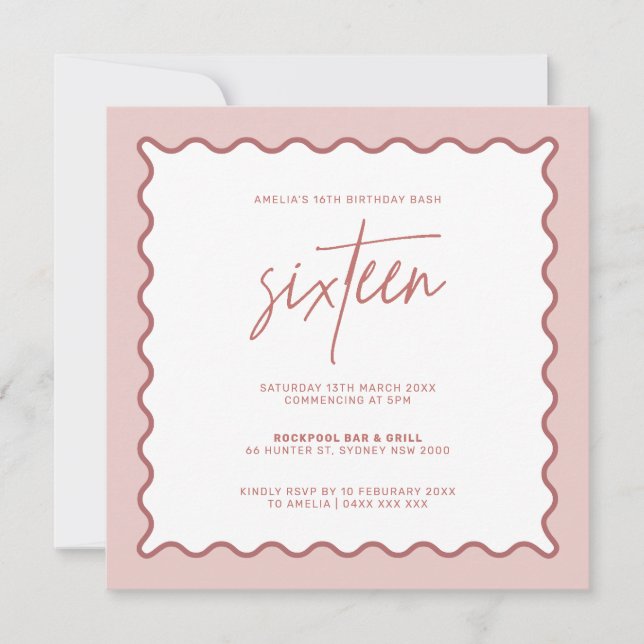 Pink Wavy Border Sixteenth Birthday Invitation (Front)