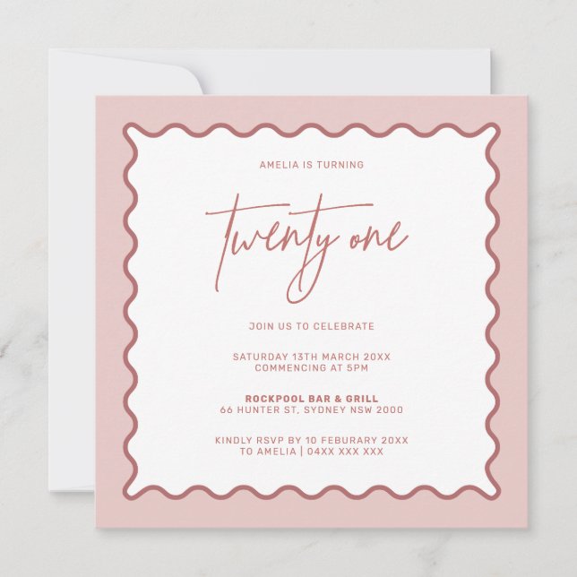 Pink Wavy Border Twenty One Birthday Invitation (Front)