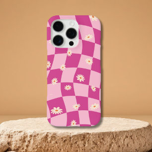 Pink Wavy Checkerboard Daisy iPhone 15 16 coque