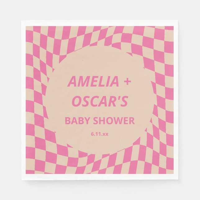 Pink Wavy Chequered Couples Baby Shower Names Napkin (Front)