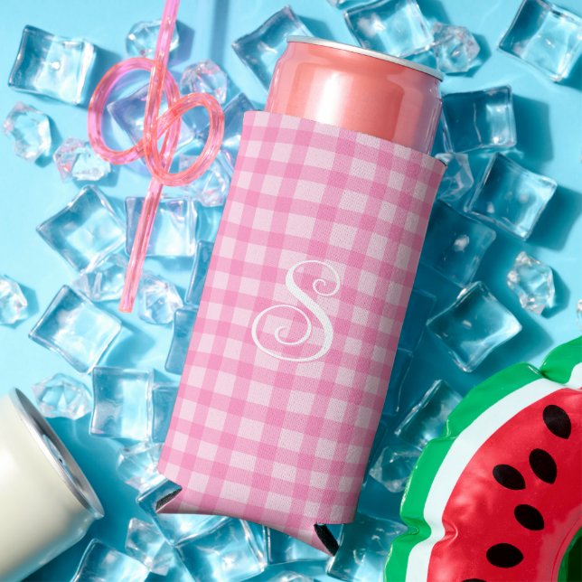 Pink Wavy Gingham Girly Curly Calligraphy Monogram Seltzer Can Cooler (In Situ Summer)