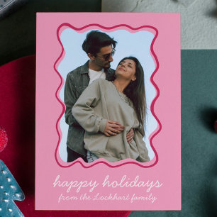 Pink Wavy Hand Drawn Whimsical Border Photo Holiday Card