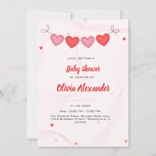 Pink wavy lines with cute red hearts baby shower invitation