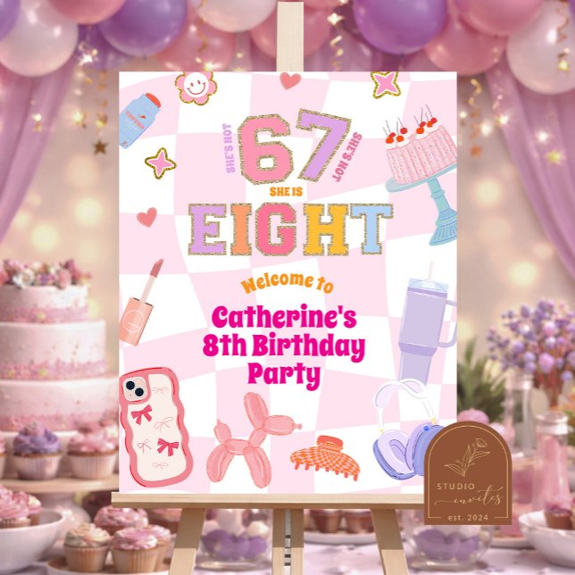 Pink Wavy Retro 67 8th Birthday Welcome Sign (Creator Uploaded)