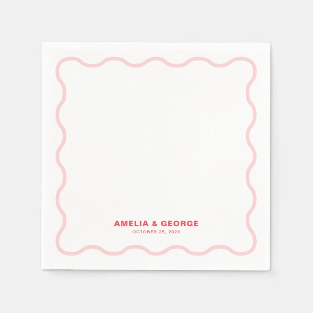 Pink Wavy Retro Wedding Cocktail Napkin (Front)