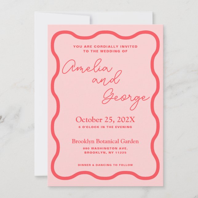 Pink Wavy Retro Wedding Invitation (Front)