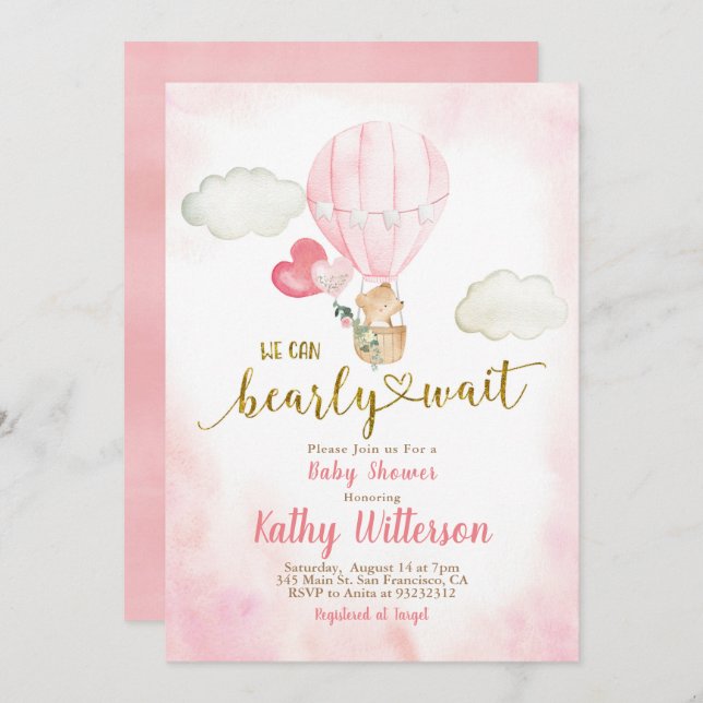 Pink We can Bearly Wait Baby Shower Invitation (Front/Back)