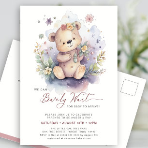 Pink We Can Bearly Wait Cute Girl Baby Shower Invitation Postcard