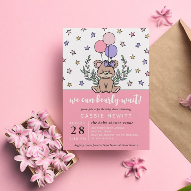 Pink We Can Bearly Wait Girl Baby Shower Invitatio Invitation (Creator Uploaded)