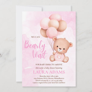 Pink We Can Bearly Wait Girl Bear Baby Shower Invitation