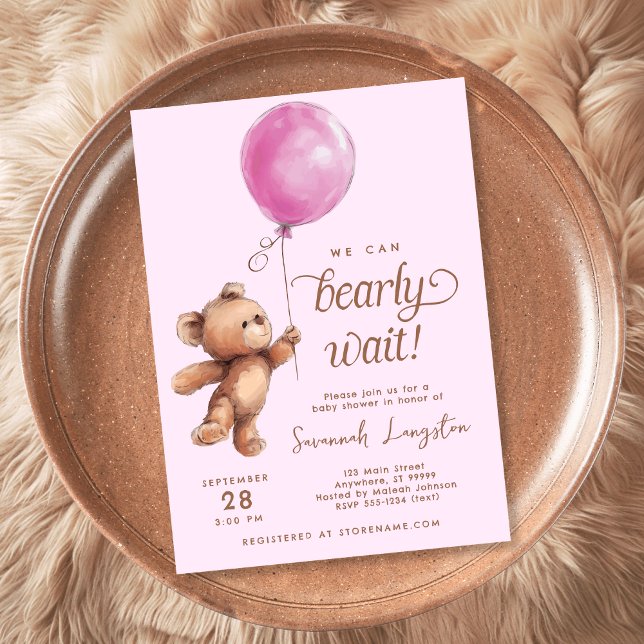 Pink We Can Bearly Wait Teddy Bear Baby Shower Invitation (Creator Uploaded)