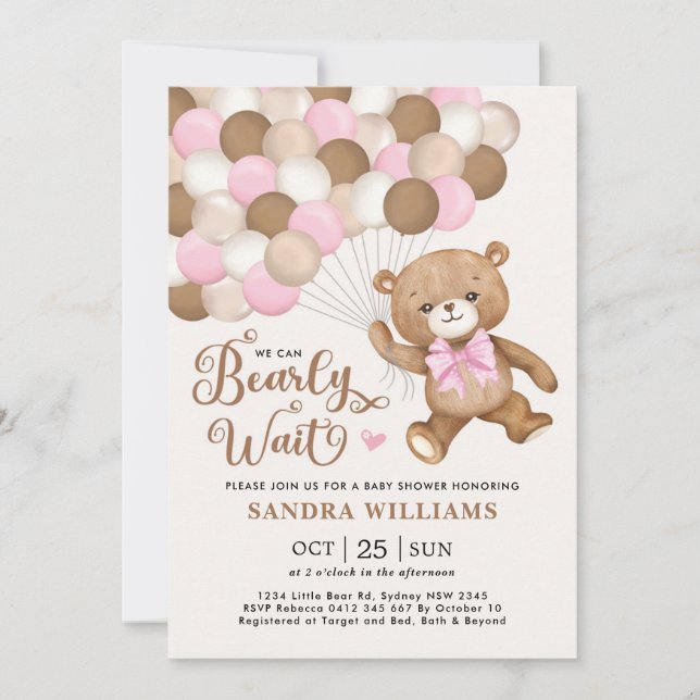 Pink We Can Bearly Wait Teddy Bear Baby Shower Invitation (Front)
