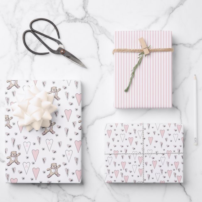 Pink We Can Bearly Wait Teddy Bear Baby Shower Wrapping Paper Sheet (Front)