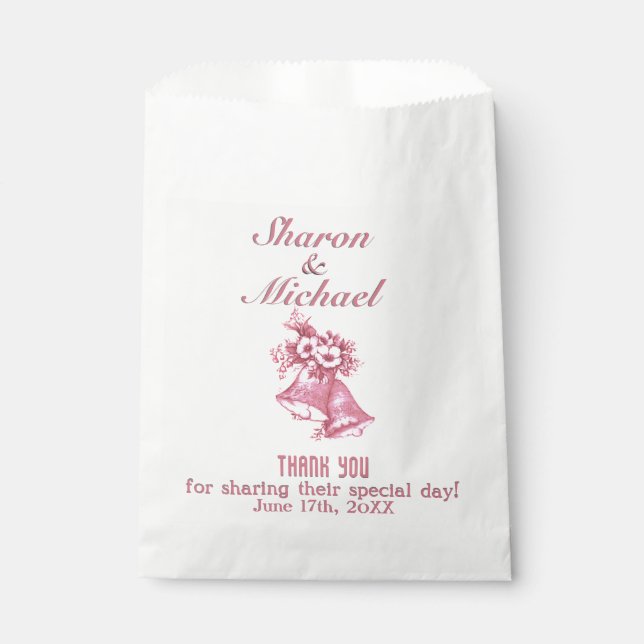 Pink Wedding Bells Favour Bag Names and Date (Front)